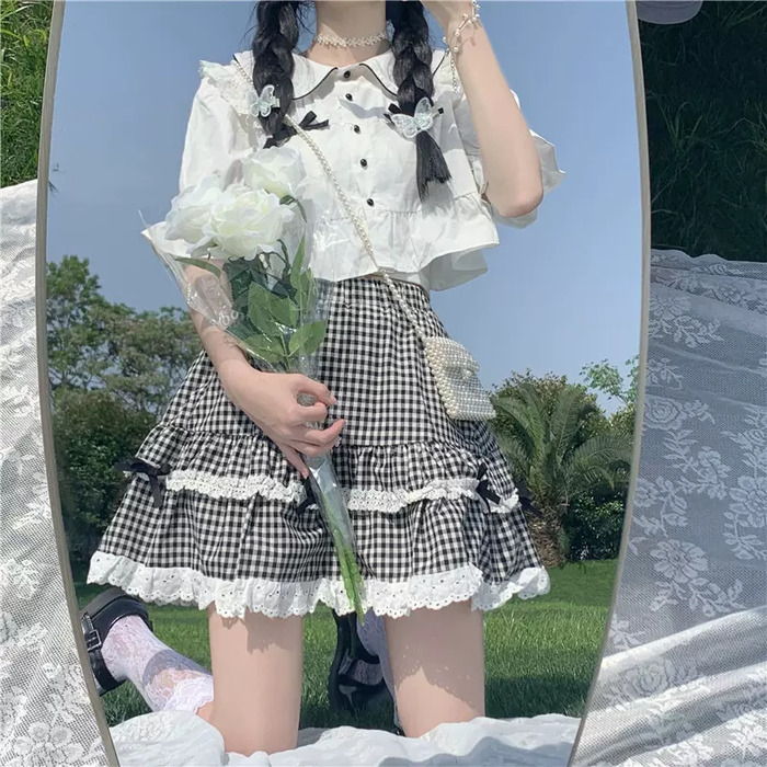 量産型/参戦服/推し活 涼し気セットアップ♪キュートなチェックスカート・ブラウス！