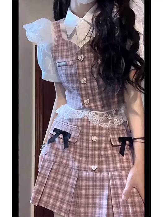 量産型/参戦服/推し活 チェック柄がかわいい♡サスペンダー付きスカート
