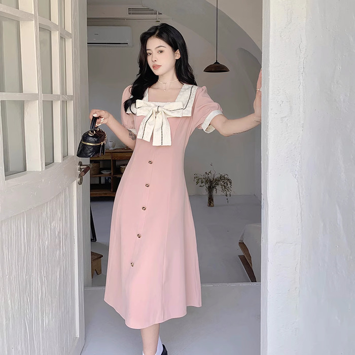 量産型/参戦服/推し活 フレンチリボンでオトナっぽ&シック!ロングスクエアカラーのハイウエストワンピース!