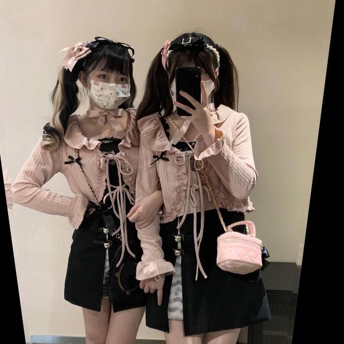 量産型/参戦服/推し活 ワッフル生地リボン付きブラウス