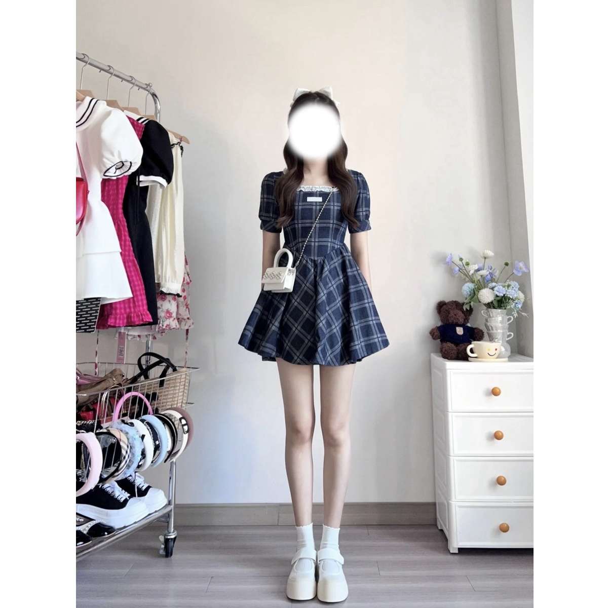 量産型/参戦服/推し活 レトロチェック柄のデニムワンピース