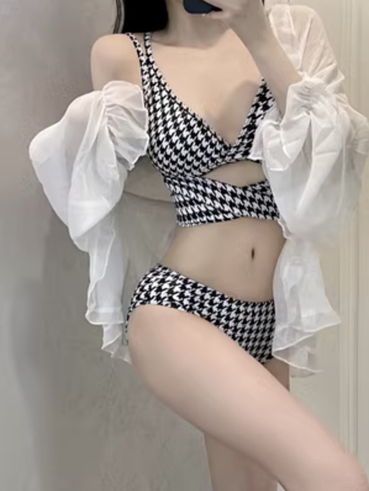 量産型/参戦服/推し活 アウター付き！千鳥格子でセクシーに決める水着　水着