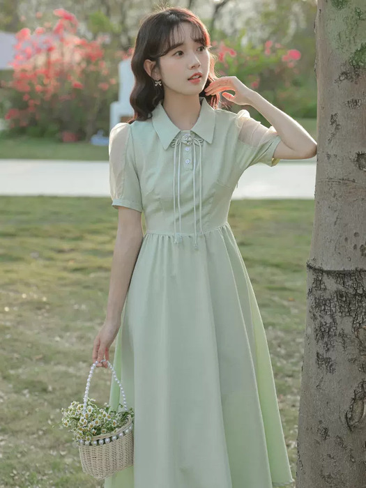 量産型/参戦服/推し活 くすみグリーンドレス！夏の透け感と優しいロングスカートで魅了する♡　ワンピース