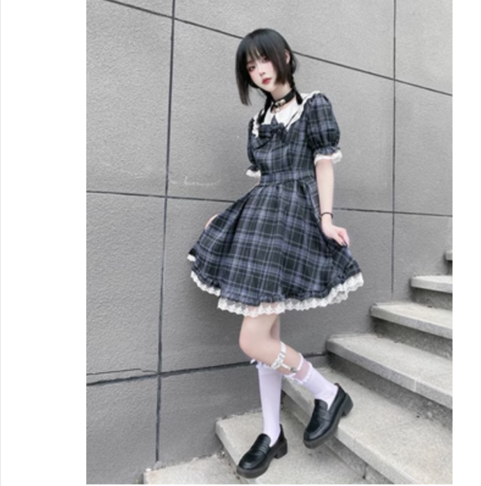 量産型/参戦服/推し活 ギンガムチェックがかわいい!襟付きワンピース