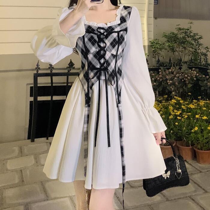 量産型/参戦服/推し活 チェックベストがポイント！白ワンピース