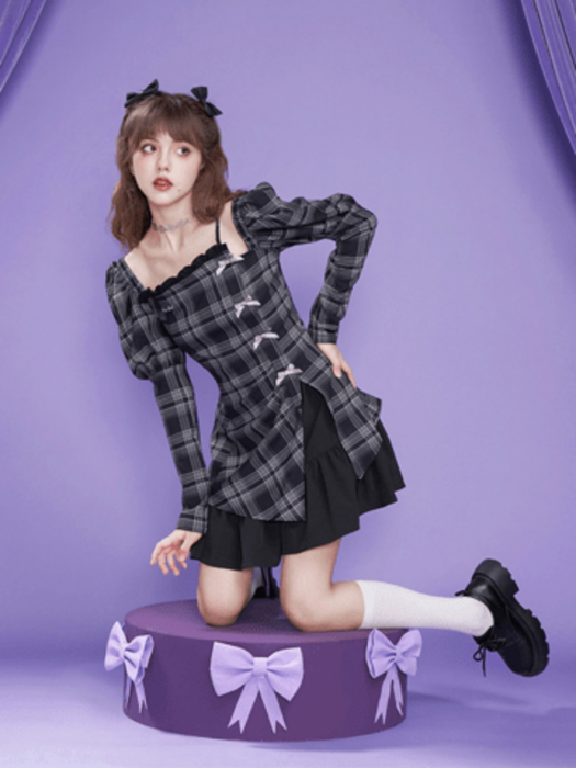 量産型/参戦服/推し活 重ね着風 チェック柄 ワンピース