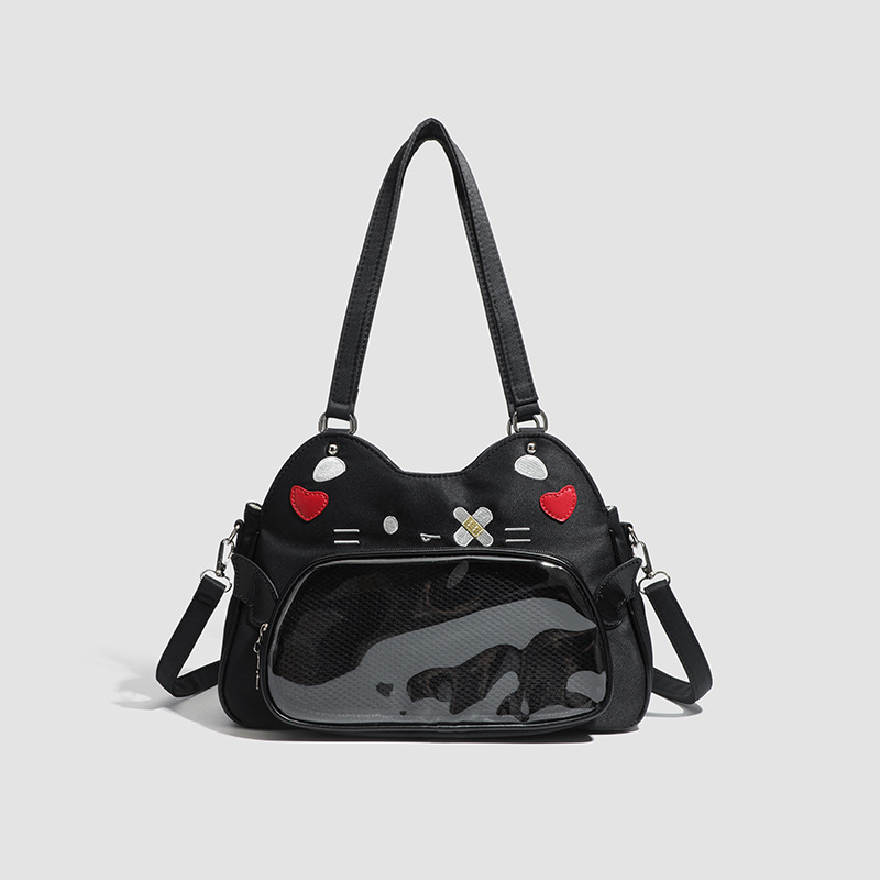 ネコ顔デザインの透明窓付き痛バッグ ショルダー