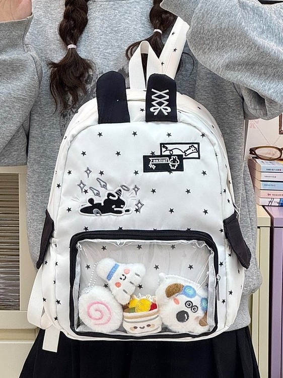 推し活グッズ 星柄刺繍うさ耳リボン透明ポケットリュック