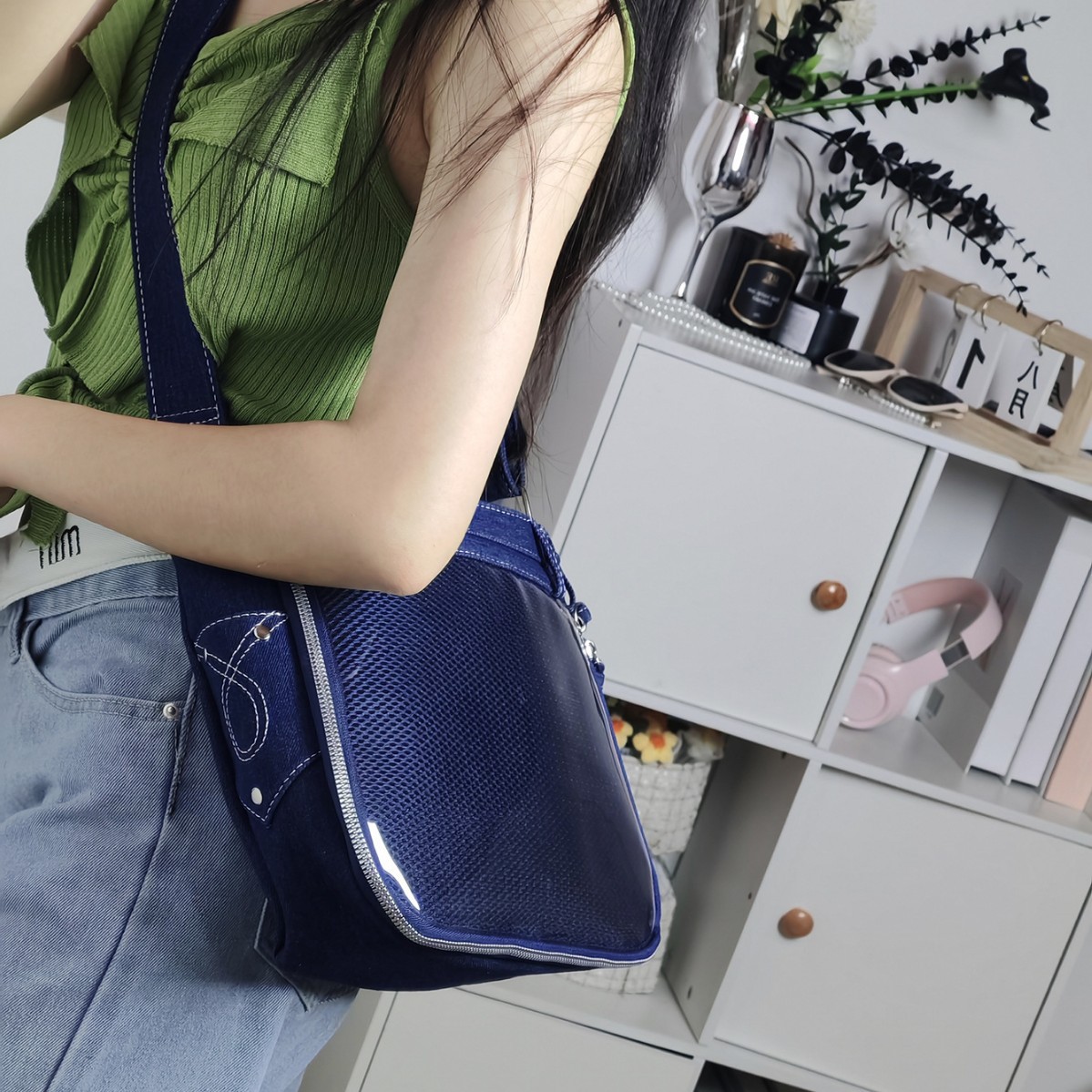 推し活グッズ メッシュ透明ポケット付き斜め掛けバッグ