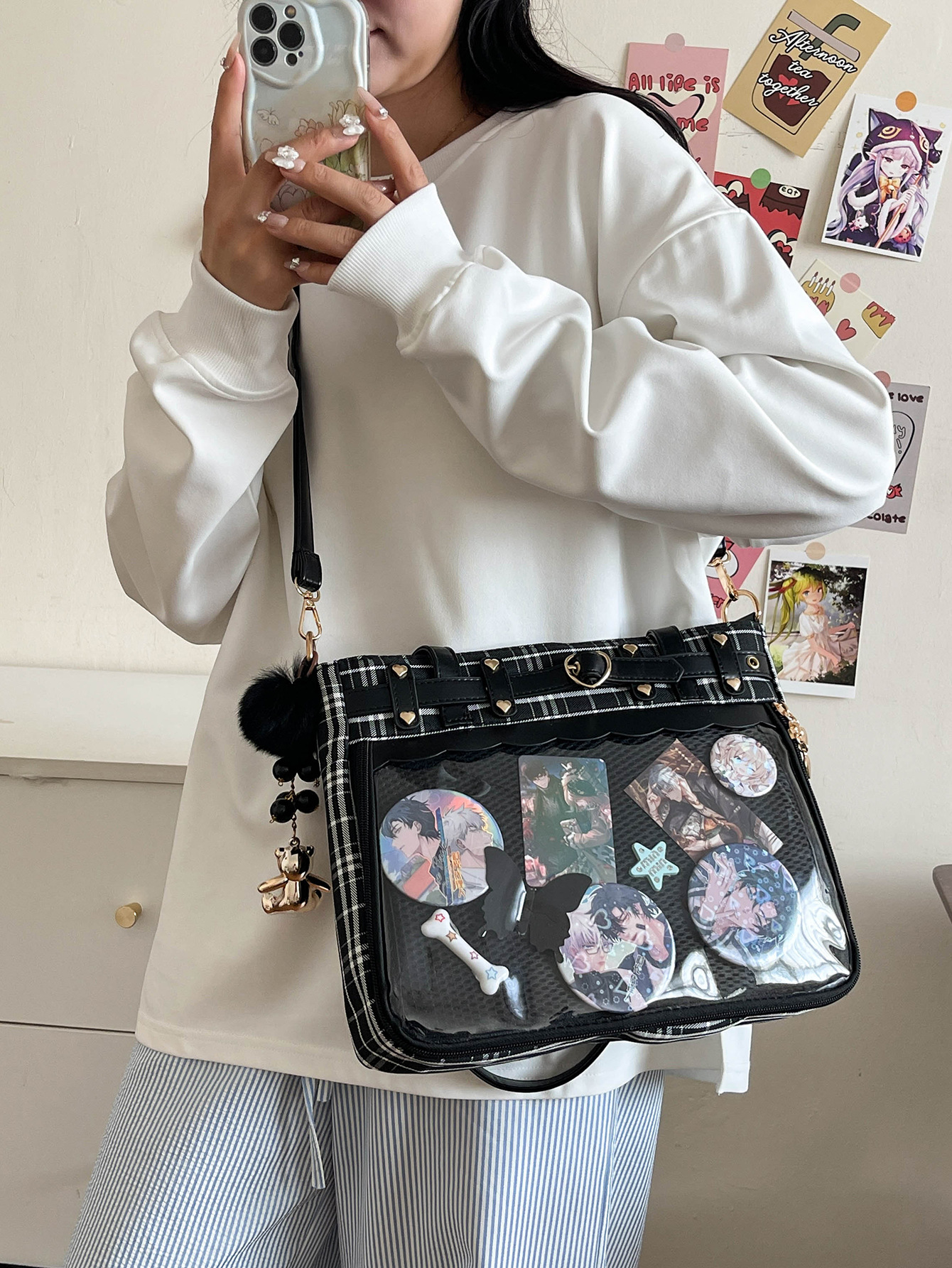 推し活グッズ 推し見せ透明窓付きチェック柄ショルダーバッグ