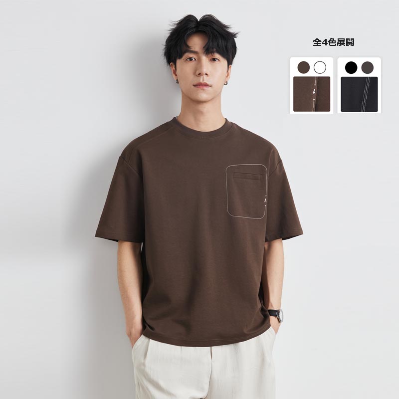 40 代 メンズ ファッション 胸ポケット付きラウンドネック半袖Tシャツ全4色