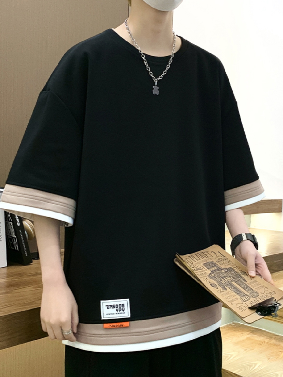 40 代 ファッション メンズ レイヤード風 五分袖重ね着風Tシャツ