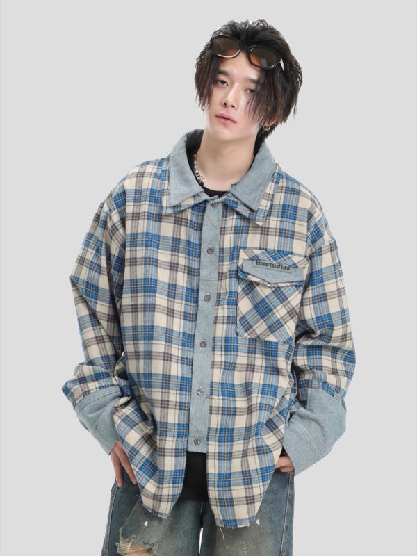 40 代 メンズ ファッション デニム切り替えチェック柄シャツ 重ね着風デザイン メンズ