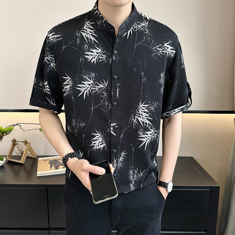 40 代 メンズ ファッション 竹柄墨絵風プリント半袖シャツ