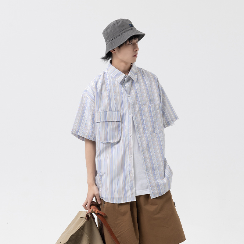 40 代 メンズ ファッション 縦縞柄半袖シャツ 春夏対応 大人カジュアル