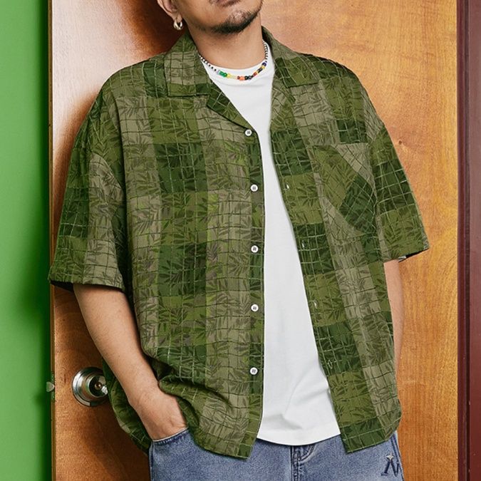 40 代 ファッション メンズ 格子模様オープンカラー半袖シャツ