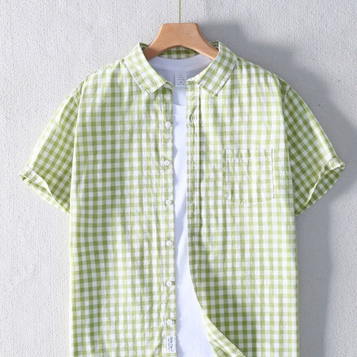 40 代 ファッション メンズ 格子柄リネン半袖シャツ