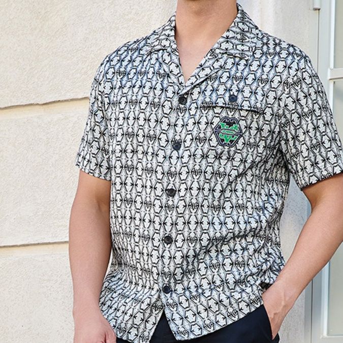 40 代 ファッション メンズ 幾何学模様オープンカラーシャツ