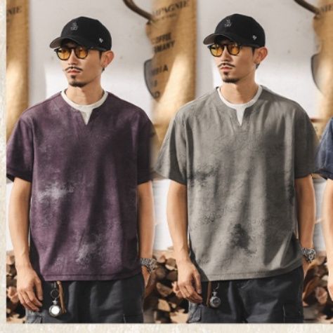 40 代 メンズ ファッション ムラ染め加工キーネック半袖Tシャツ