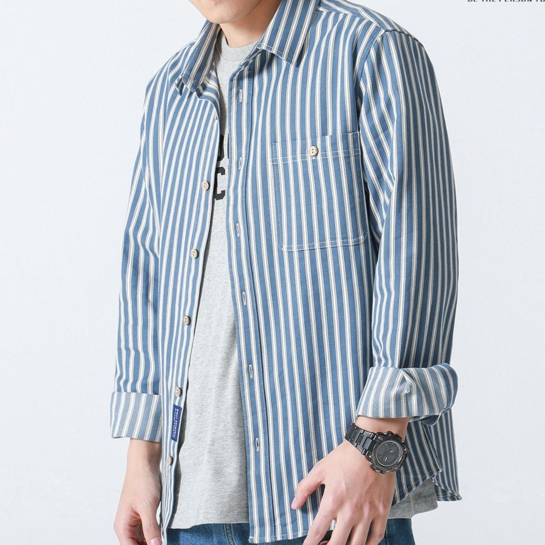40 代 メンズ ファッション 縦縞柄 長袖ゆったりシャツ 胸ポケット付き