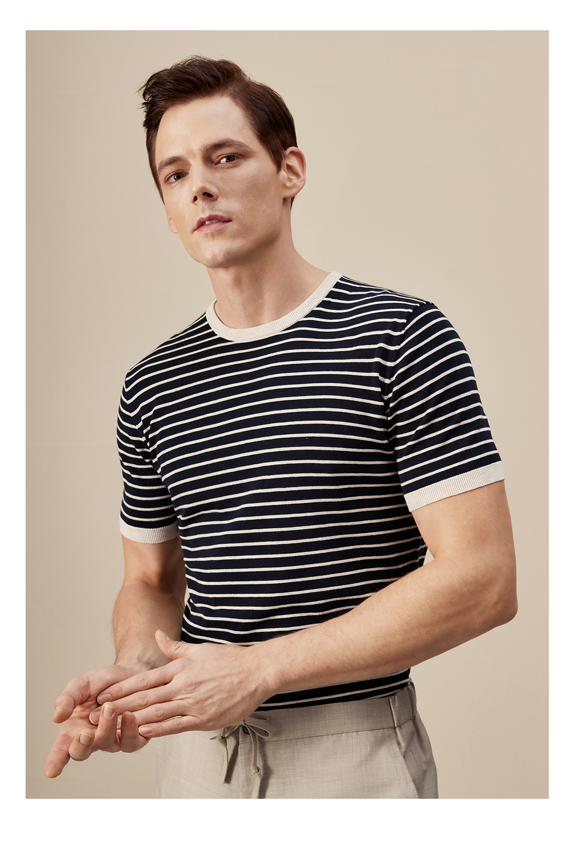 40 代 ファッション メンズ 上質リブ仕立て ボーダーニットTシャツ