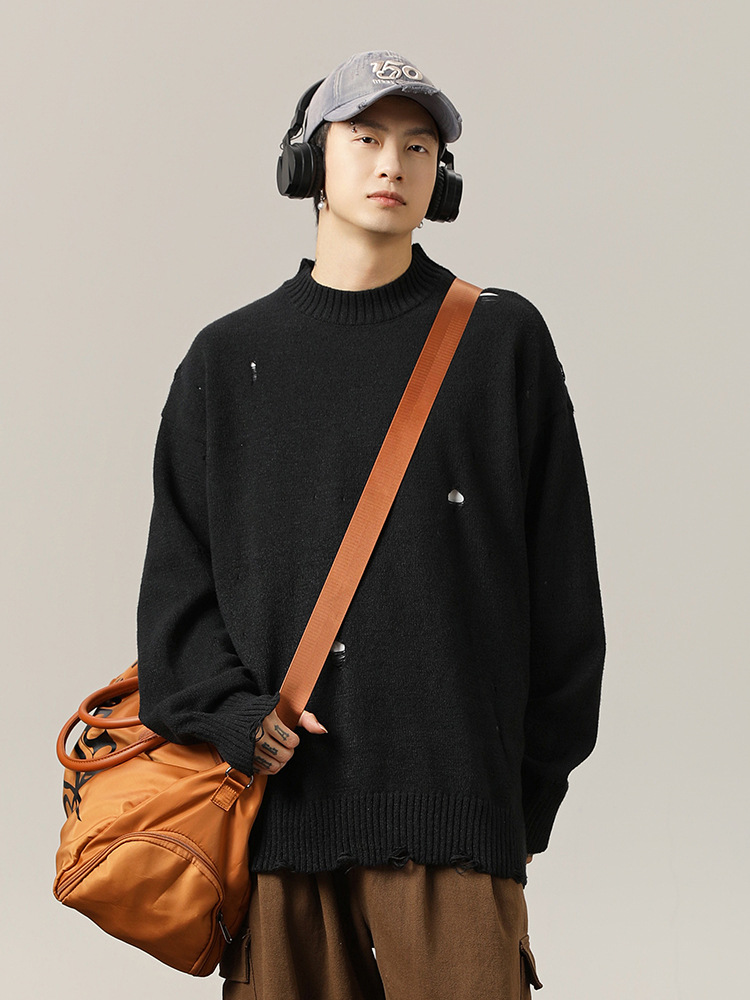 40 代 ファッション メンズ ダメージ加工 ニットシャツ 秋冬 メンズ ゆったり長袖 全3色