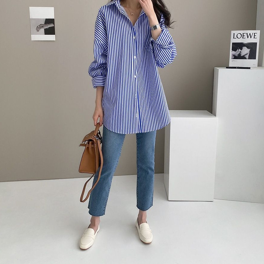 40 代 ファッション ゆったりシルエット縦縞柄長袖開襟シャツ