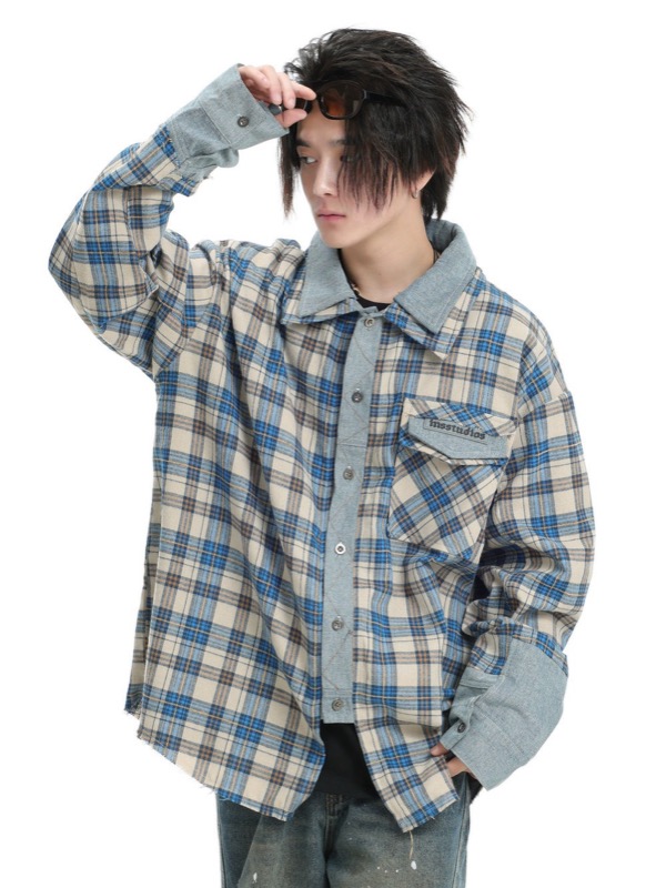 40 代 メンズ ファッション デニム切り替えチェック柄シャツ 重ね着風デザイン メンズ