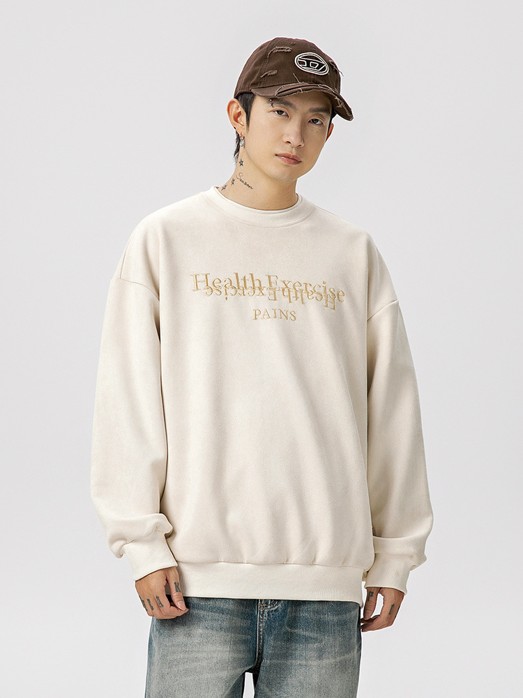40 代 ファッション メンズ 上質スエード 刺繍入り スウェットシャツ 秋冬 全4色