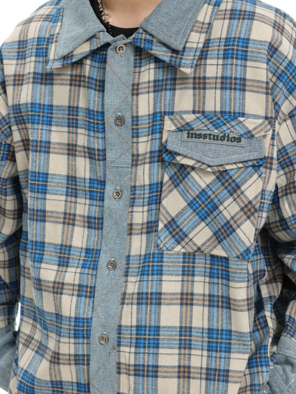 40 代 メンズ ファッション デニム切り替えチェック柄シャツ 重ね着風デザイン メンズ