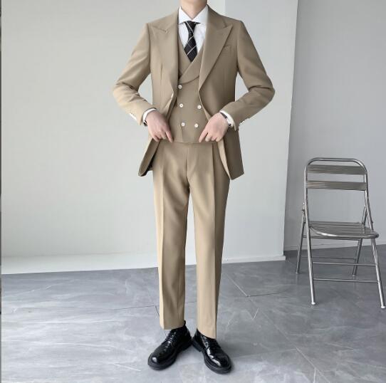 40 代 ファッション メンズ ベージュ 高品質 ジャケット付き スリーピース スーツ 紳士服