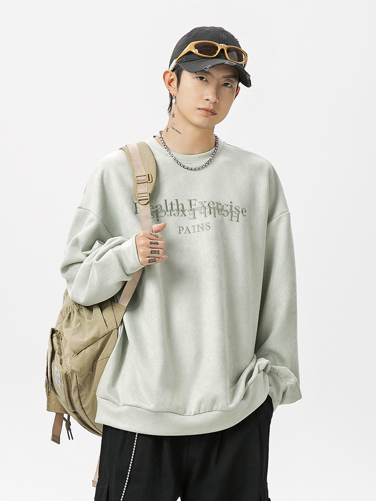 40 代 ファッション メンズ 上質スエード 刺繍入り スウェットシャツ 秋冬 全4色