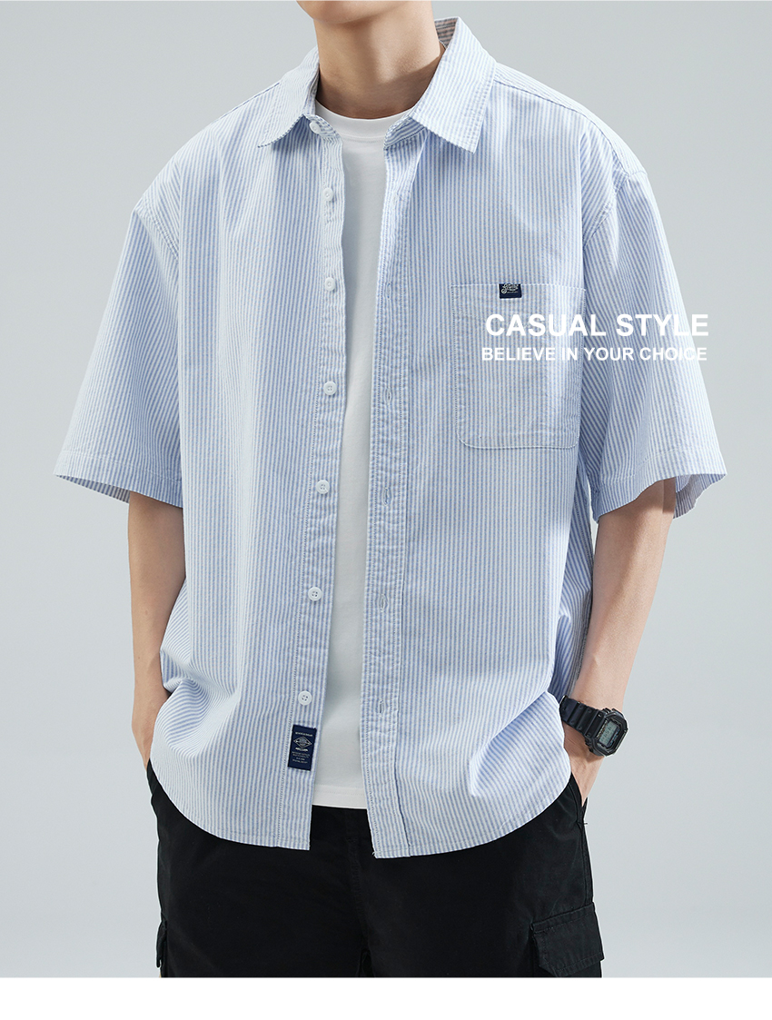 40 代 ファッション メンズ ゆったり半袖ストライプシャツ