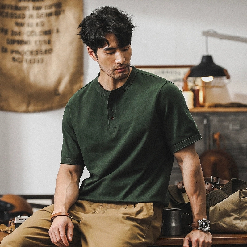 40 代 メンズ ファッション 大人の風格ヘンリーネック半袖無地シャツ全5色