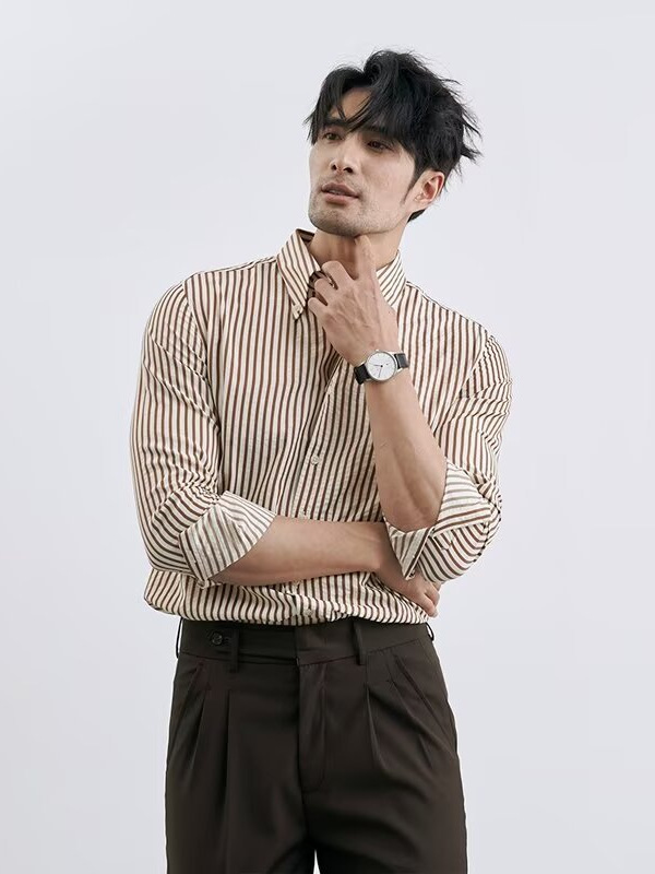 40 代 メンズ ファッション 縦縞柄カラー長袖シャツ