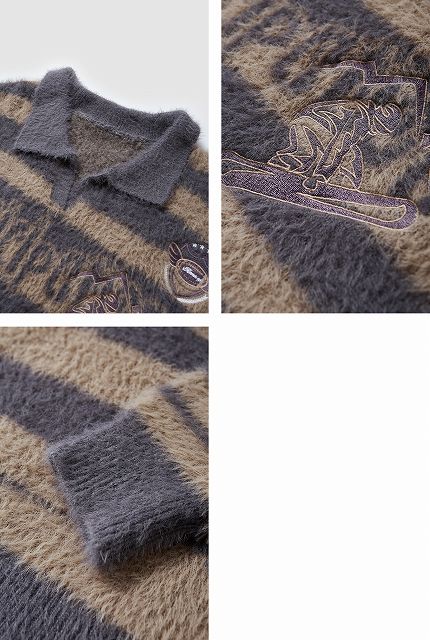 40 代 ファッション メンズ メンズ ボーダー刺繍 長袖ニットシャツ 秋冬 全2色
