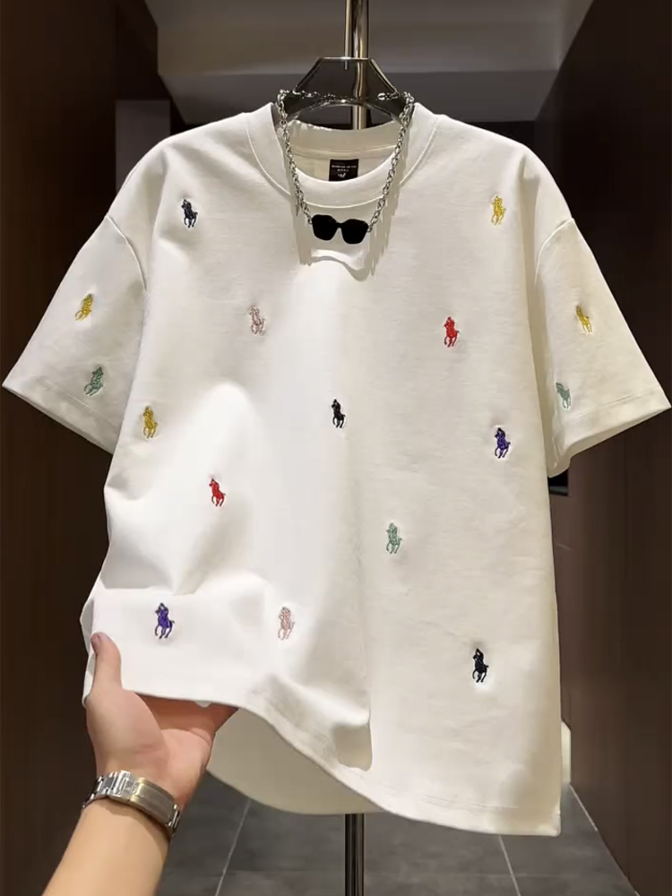 40 代 ファッション メンズ 彩り騎士刺繍 上質コットンTシャツ