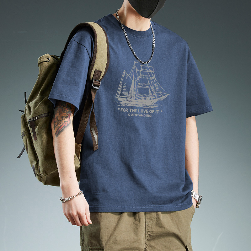 40 代 メンズ ファッション 帆船プリント入り半袖クルーネック綿素材Tシャツ