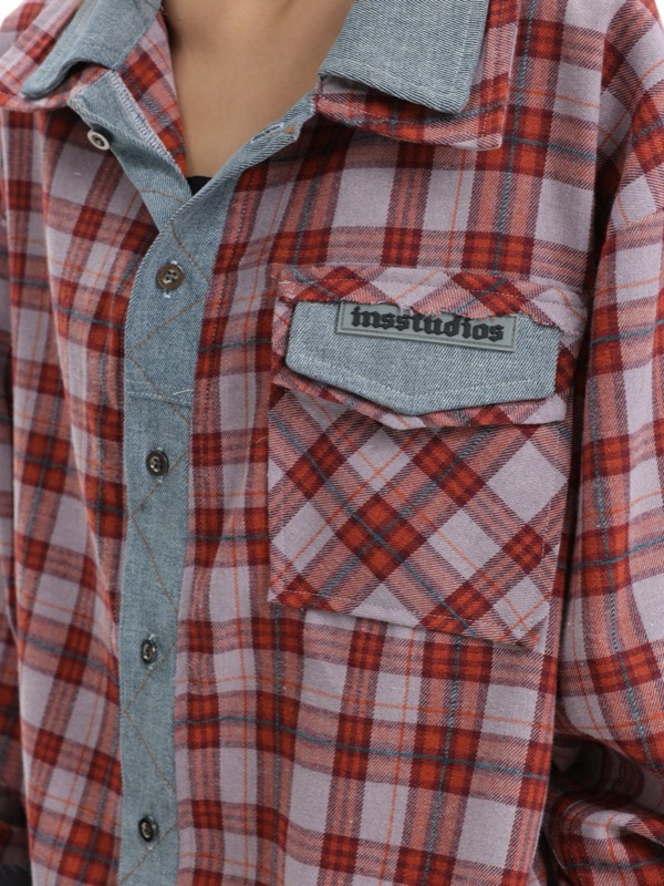 40 代 メンズ ファッション デニム切り替えチェック柄シャツ 重ね着風デザイン メンズ