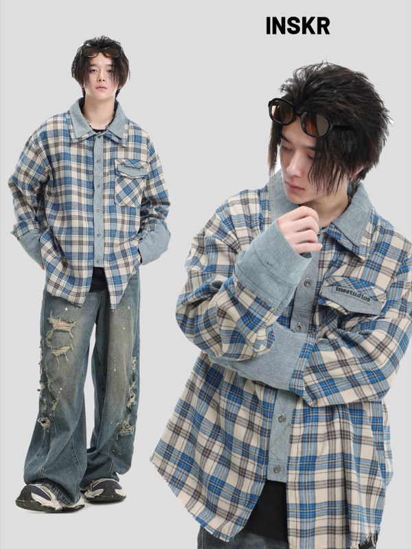 40 代 メンズ ファッション デニム切り替えチェック柄シャツ 重ね着風デザイン メンズ