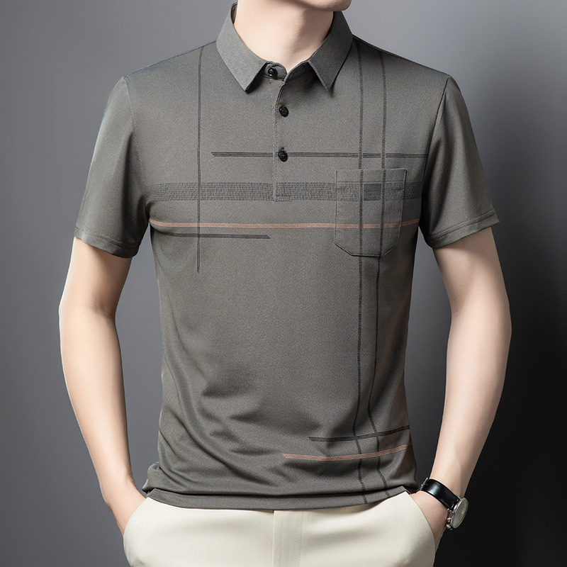 40 代 メンズ ファッション 幾何学ライン襟付き半袖Tシャツ