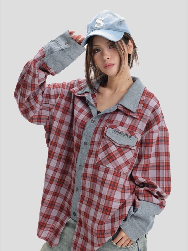 40 代 メンズ ファッション デニム切り替えチェック柄シャツ 重ね着風デザイン メンズ