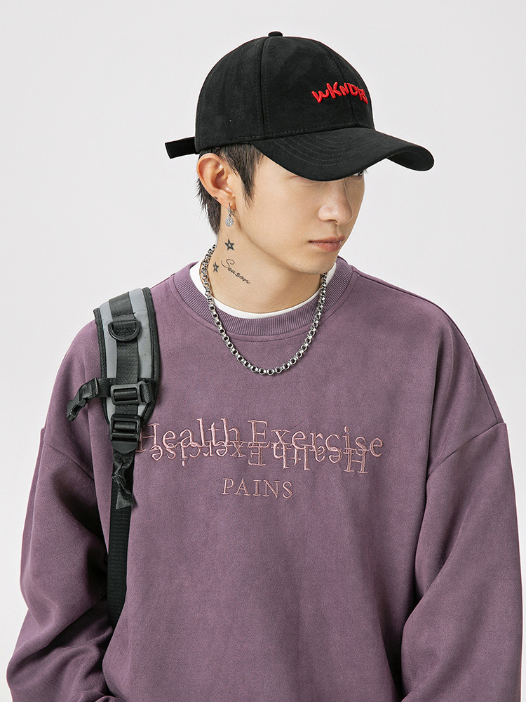40 代 ファッション メンズ 上質スエード 刺繍入り スウェットシャツ 秋冬 全4色