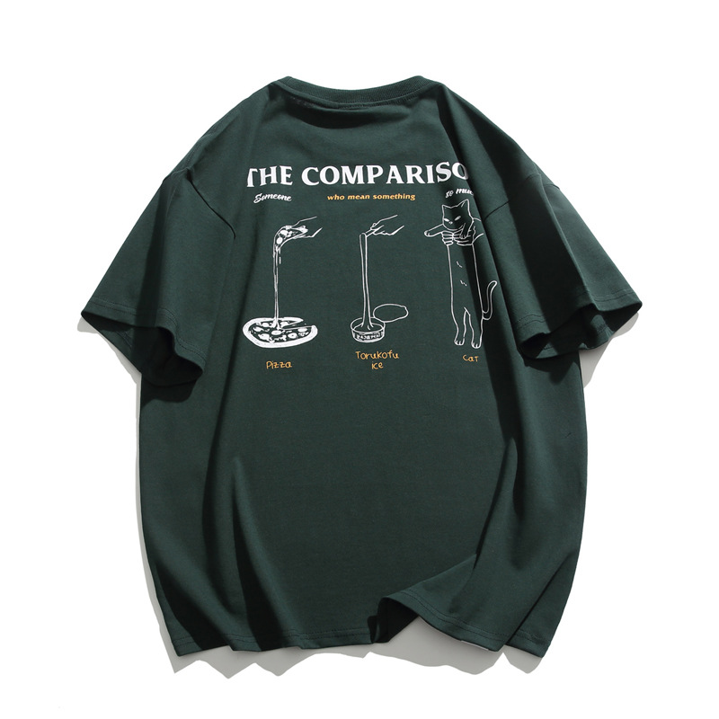 40 代 ファッション メンズ ユニセックス 猫イラストプリントTシャツ 全3色 ストリート系