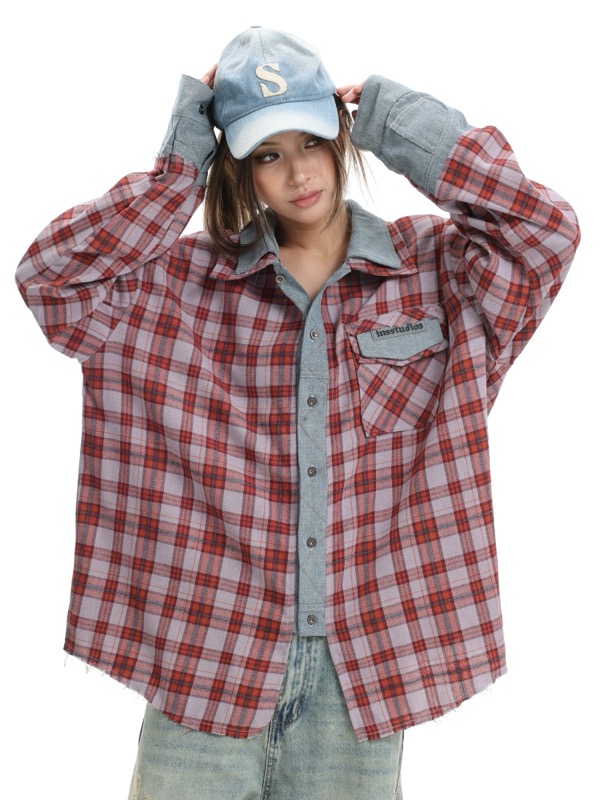 40 代 メンズ ファッション デニム切り替えチェック柄シャツ 重ね着風デザイン メンズ