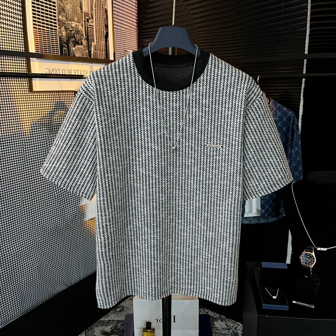 40 代 メンズ ファッション 総柄幾何学模様ラウンドネック半袖Tシャツ