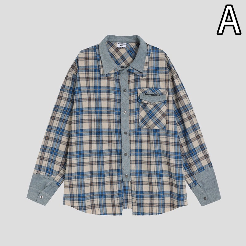 40 代 メンズ ファッション デニム切り替えチェック柄シャツ 重ね着風デザイン メンズ