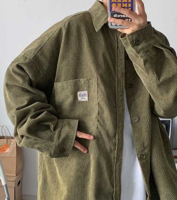 40 代 ファッション メンズ 秋冬 メンズ コーデュロイ オーバーサイズシャツ カーキ