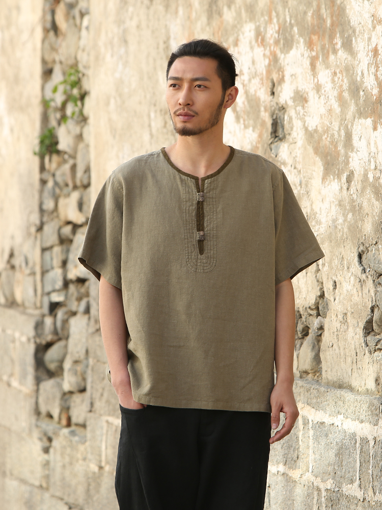 40 代 ファッション メンズ 麻混リネン風ヘンリーネック半袖