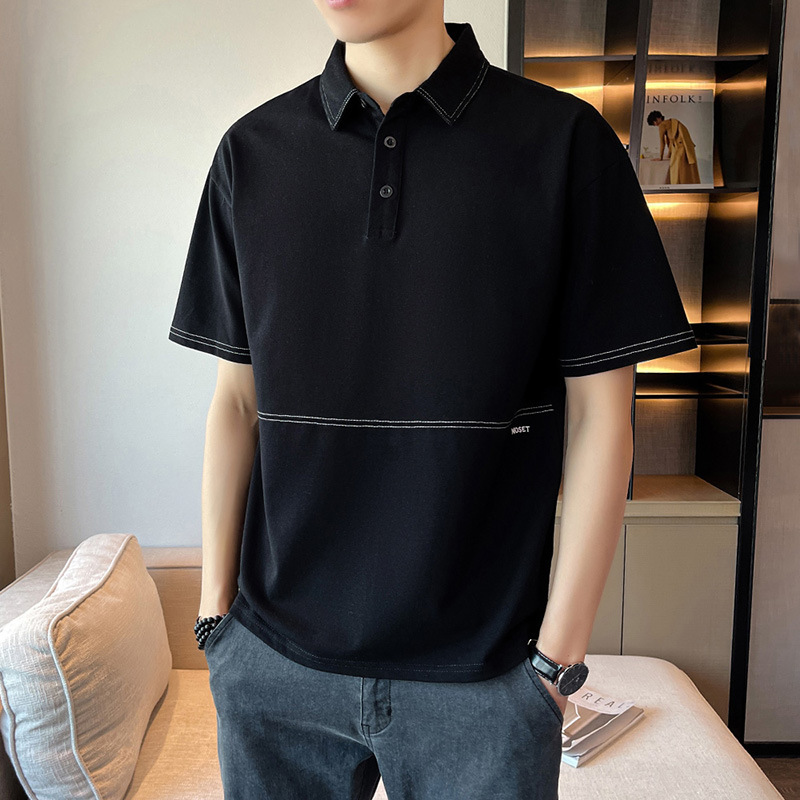 40 代 メンズ ファッション 配色ステッチデザイン襟付き半袖Tシャツ